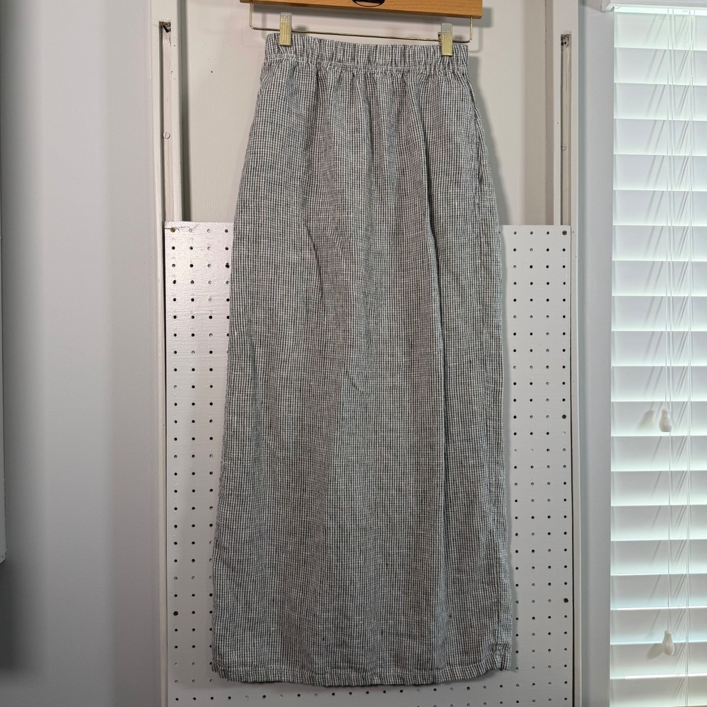 Vintage Willow Linen Maxi Skirt Women's White Black Checkered Slit Hem - Small